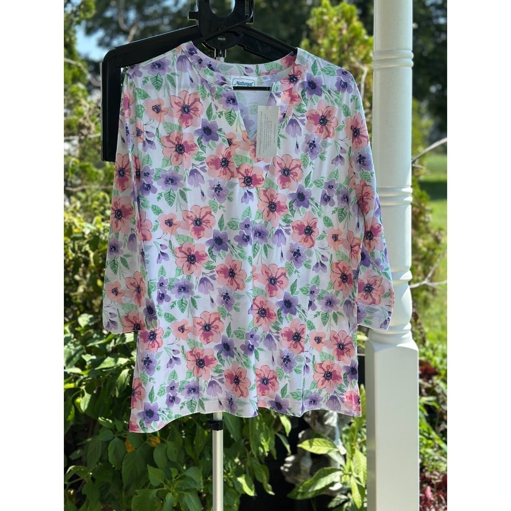 National Women Floral V-Neck Short Sleeve Top 1X Pink Purple White 23919 NWT